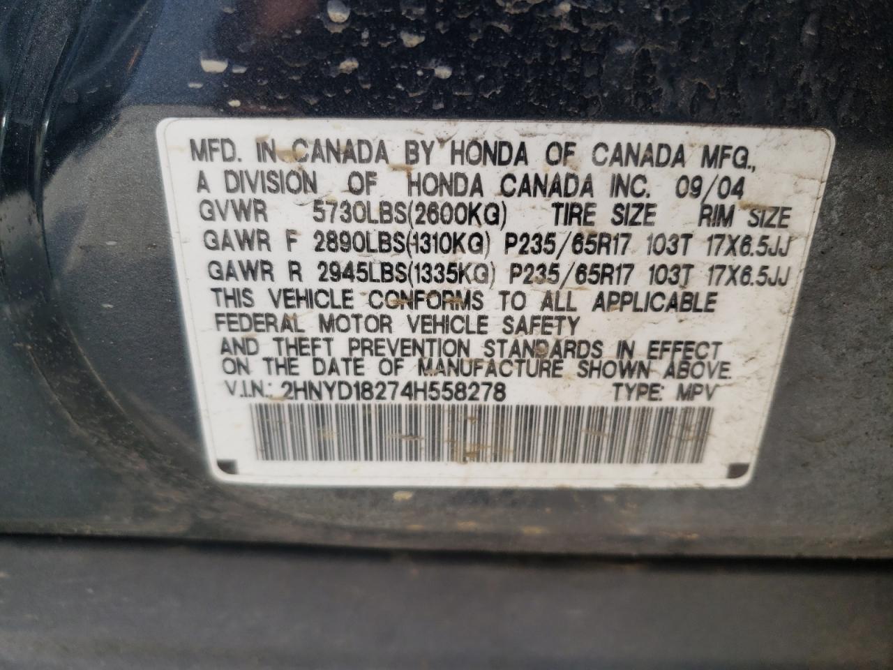 Photo 10 from auction – 2004 ACURA MDX with VIN 2HNYD18274H558278