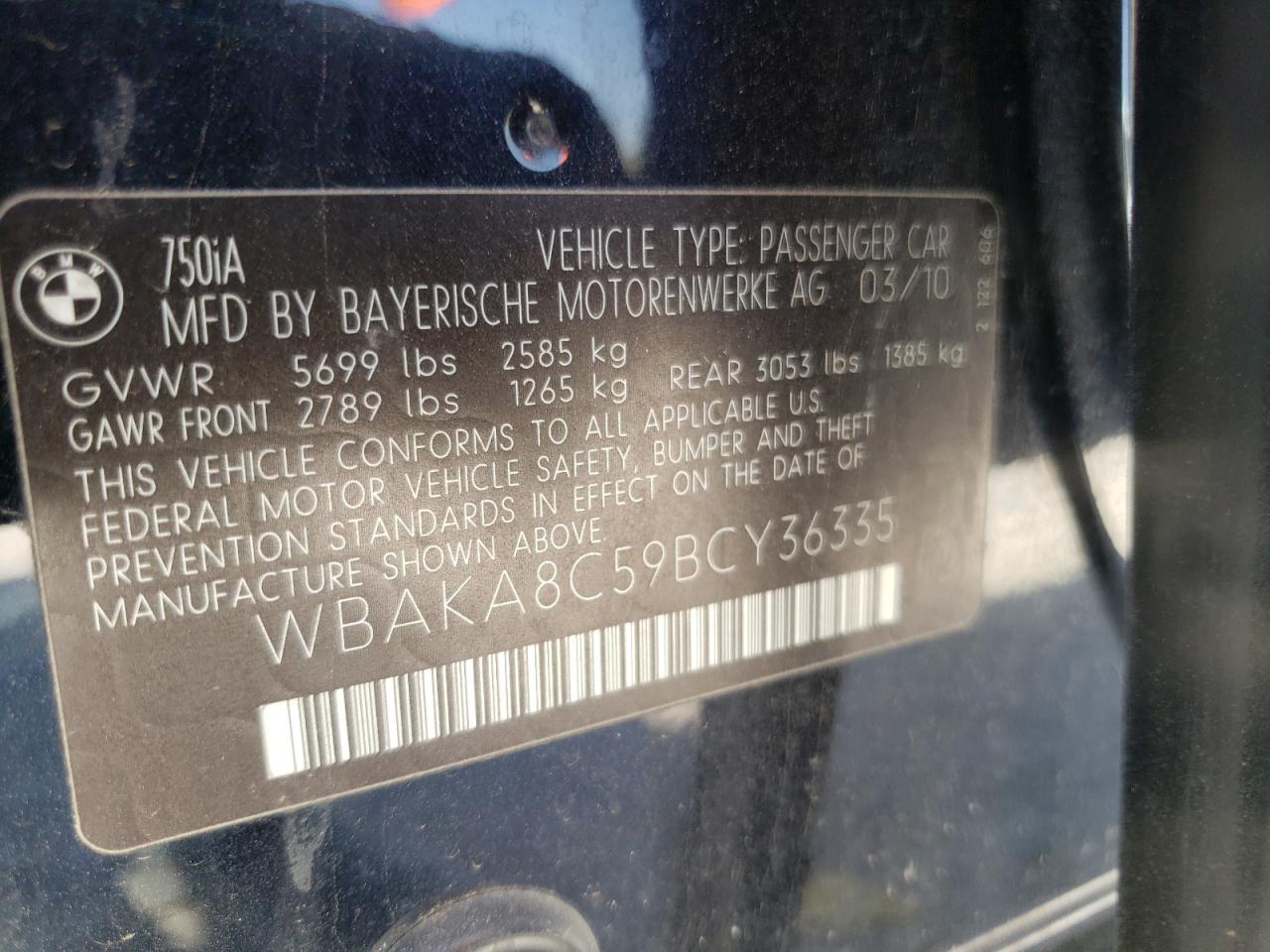Photo 10 from auction – 2011 BMW 750 I with VIN WBAKA8C59BCY36335