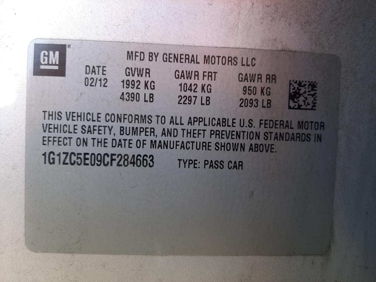Photo 10 from auction – 2012 CHEVROLET MALIBU 1LT with VIN 1G1ZC5E09CF284663