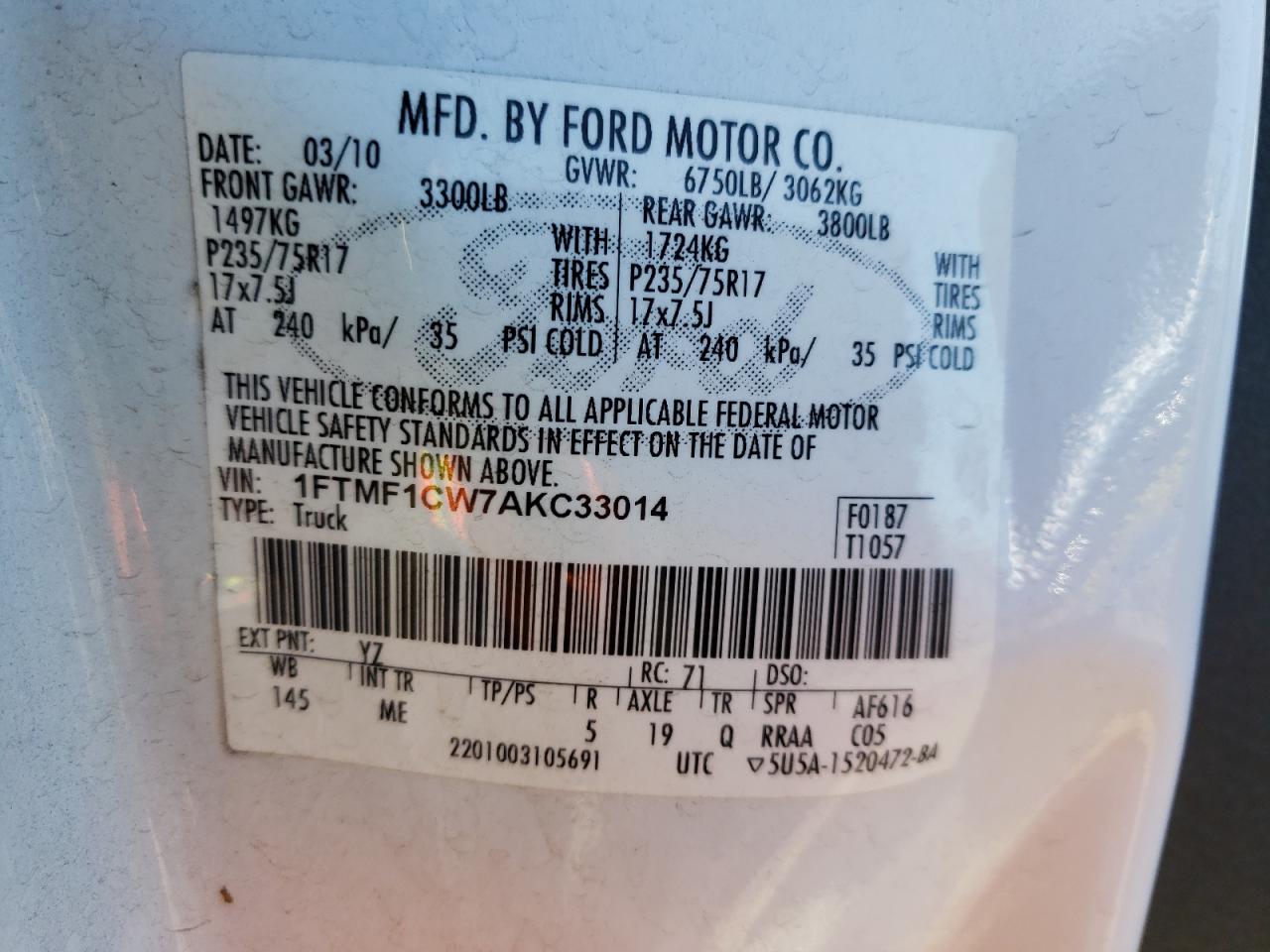 Photo 10 from auction – 2010 FORD F150 with VIN 1FTMF1CW7AKC33014