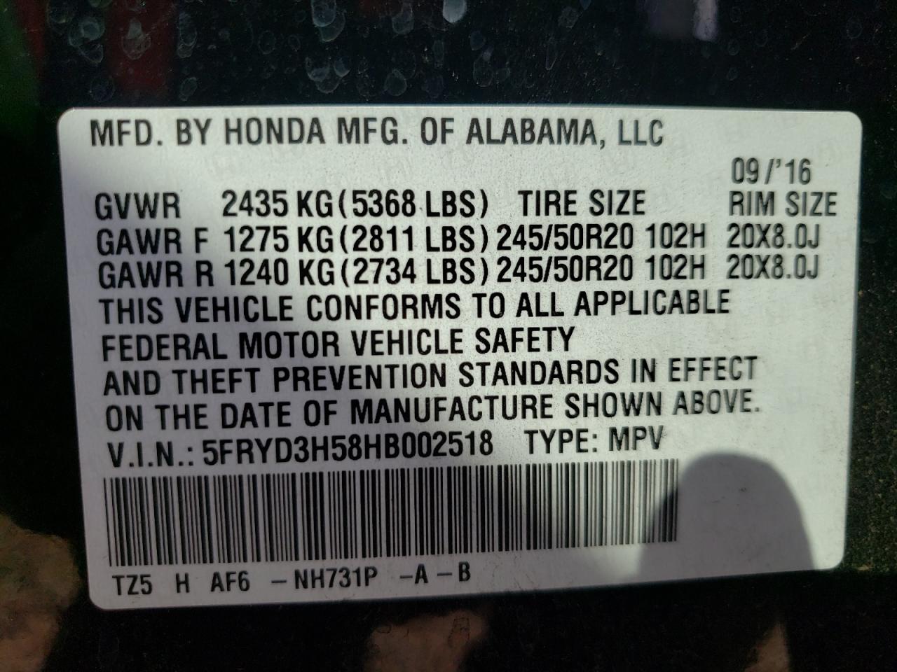Photo 10 from auction – 2017 ACURA MDX TECHNO with VIN 5FRYD3H58HB002518