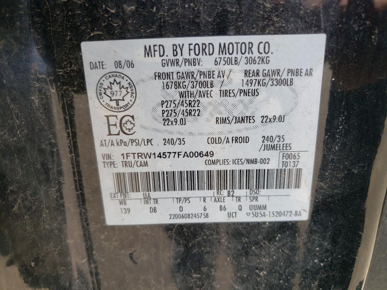 Foto 10 de la subasta – 2007 FORD F150 SUPER con VIN 1FTRW14577FA00649