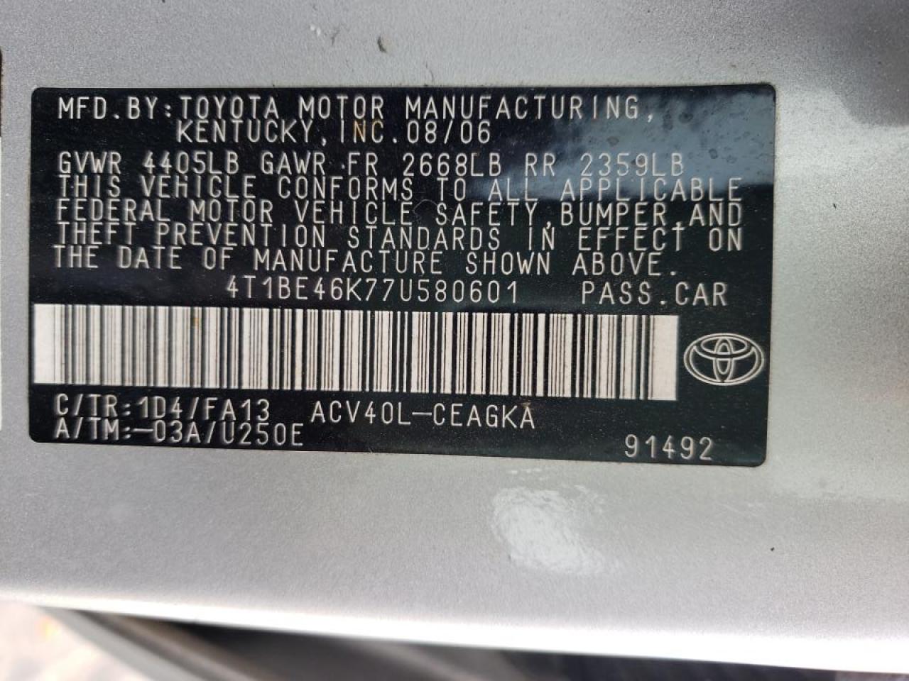 Photo 10 from auction – 2007 TOYOTA CAMRY CE with VIN 4T1BE46K77U580601