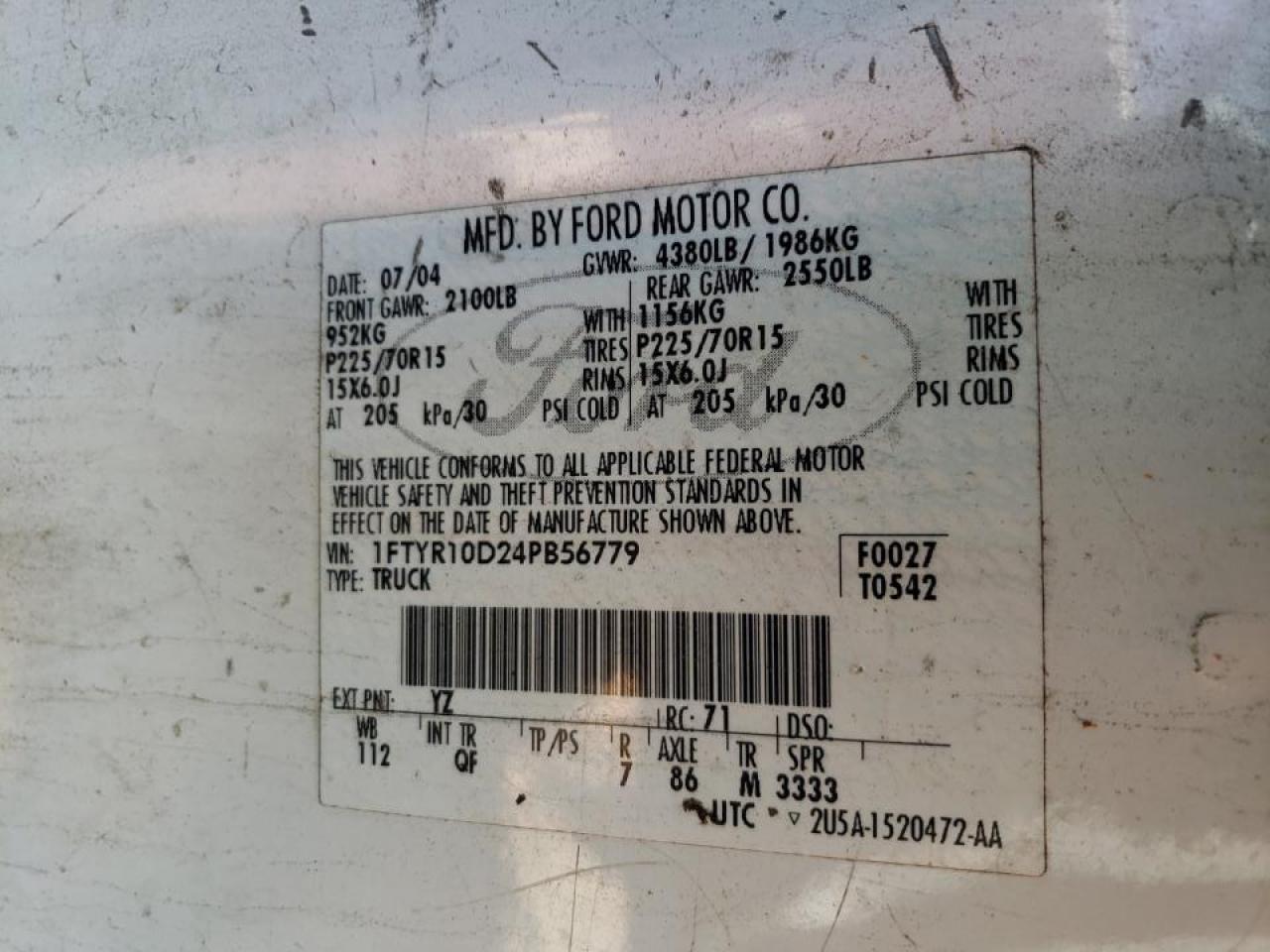 Photo 10 from auction – 2004 FORD RANGER with VIN 1FTYR10D24PB56779