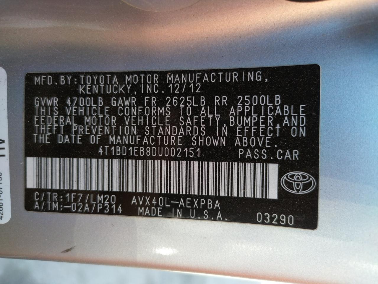Photo 10 from auction – 2013 TOYOTA AVALON HYB with VIN 4T1BD1EB8DU002151