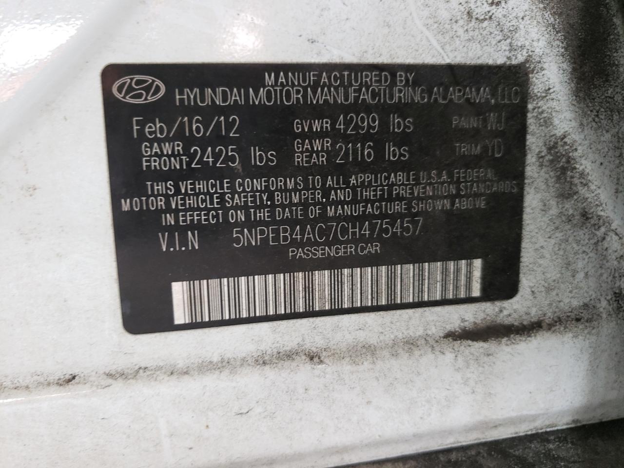 Photo 10 from auction – 2012 HYUNDAI SONATA GLS with VIN 5NPEB4AC7CH475457