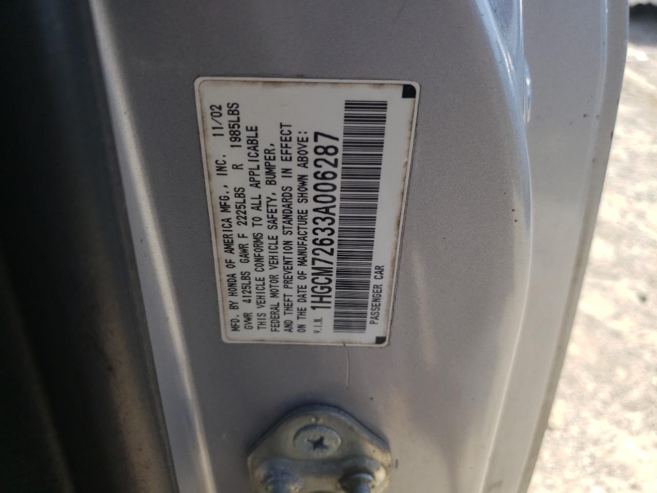 Photo 10 from auction – 2003 HONDA ACCORD EX with VIN 1HGCM72633A006287