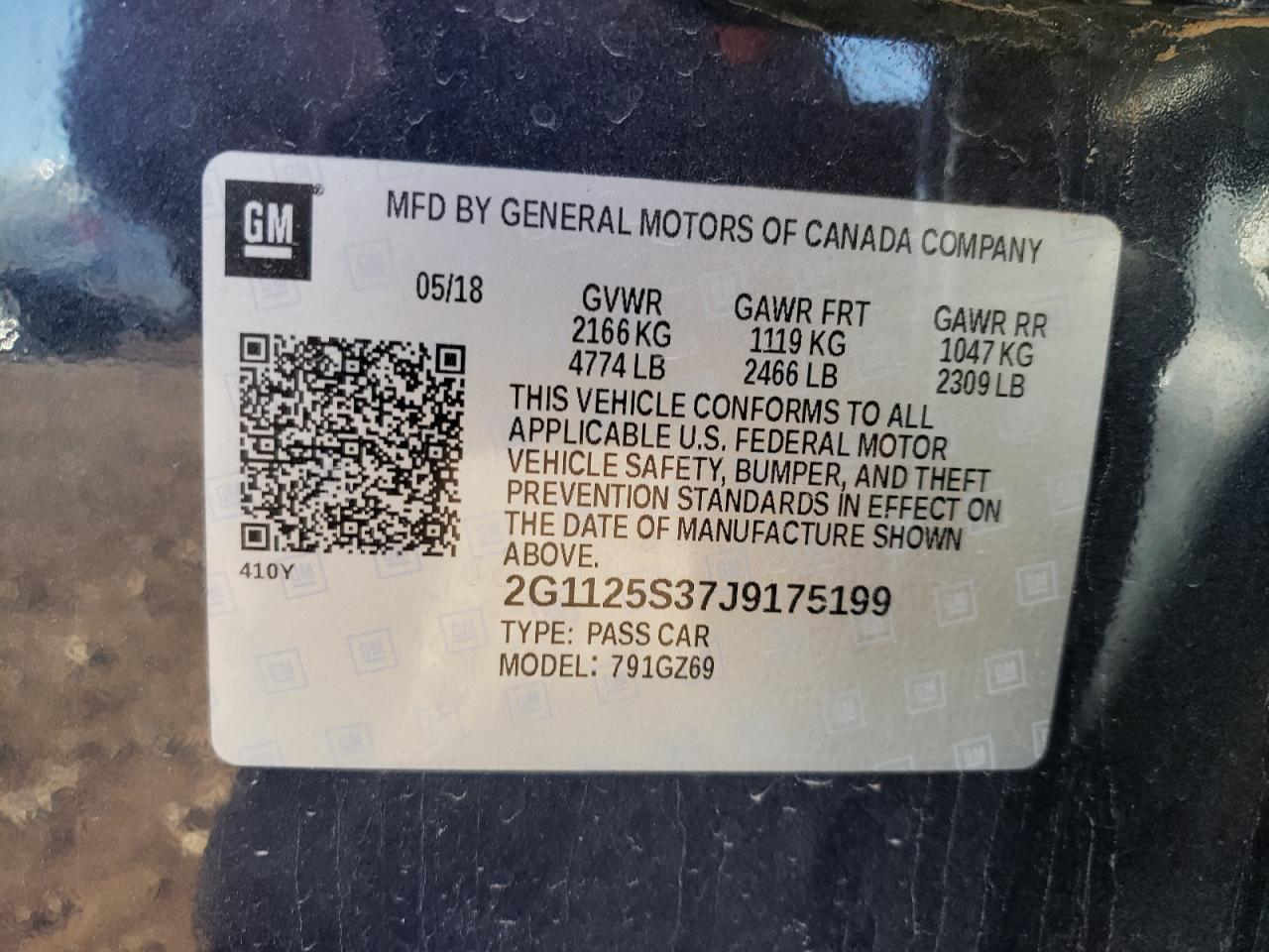 Photo 10 from auction – 2018 CHEVROLET IMPALA PRE with VIN 2G1125S37J9175199