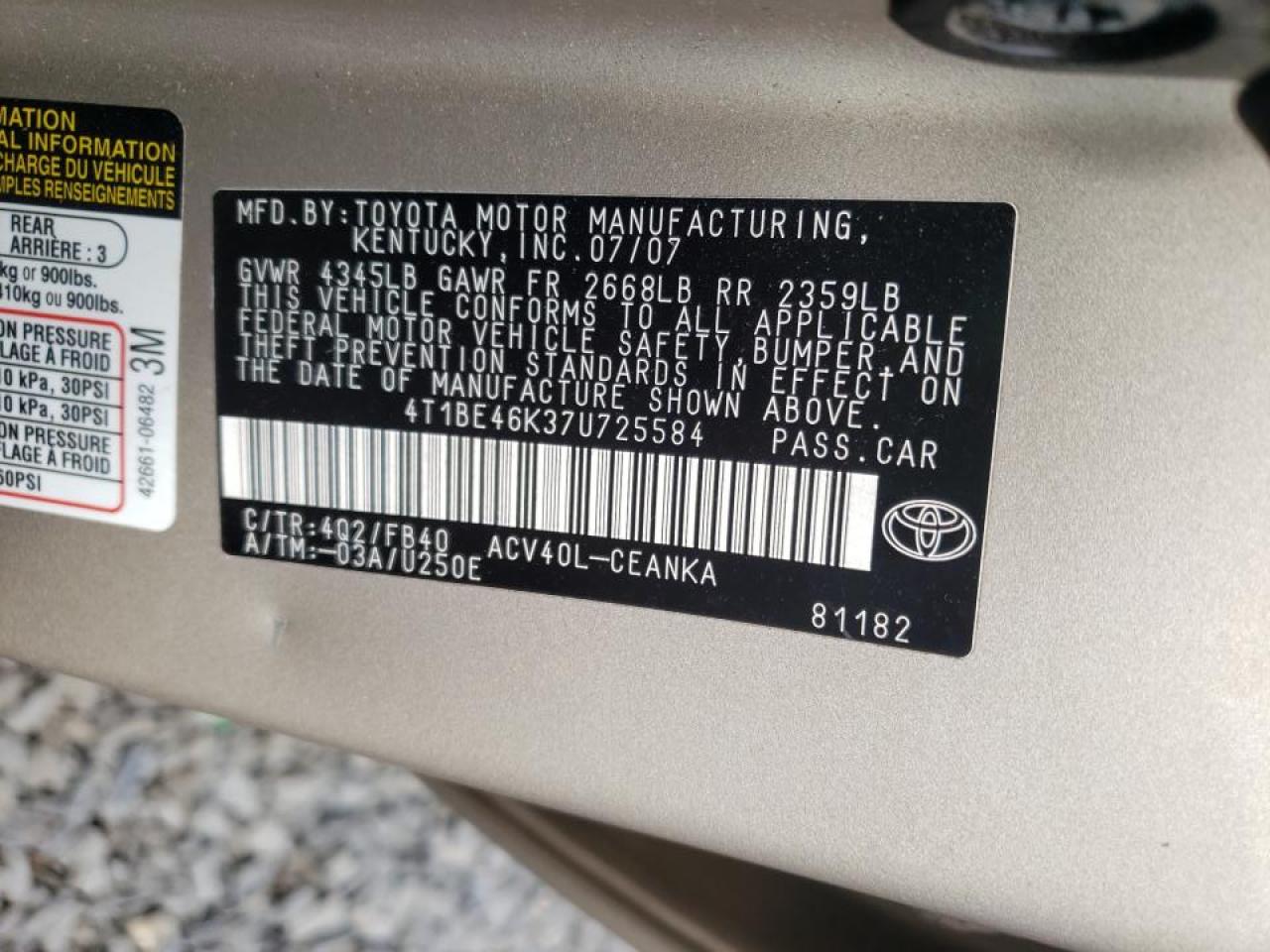 Photo 10 from auction – 2007 TOYOTA CAMRY CE with VIN 4T1BE46K37U725584