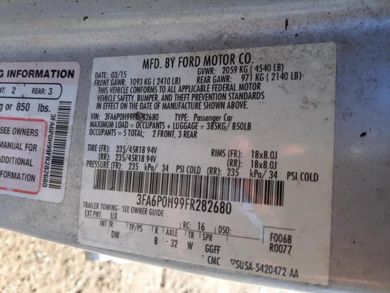 Photo 10 from auction – 2015 FORD FUSION SE with VIN 3FA6P0H99FR282680