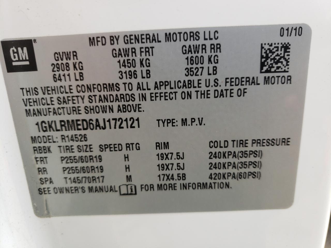Photo 10 from auction – 2010 GMC ACADIA SLT with VIN 1GKLRMED6AJ172121