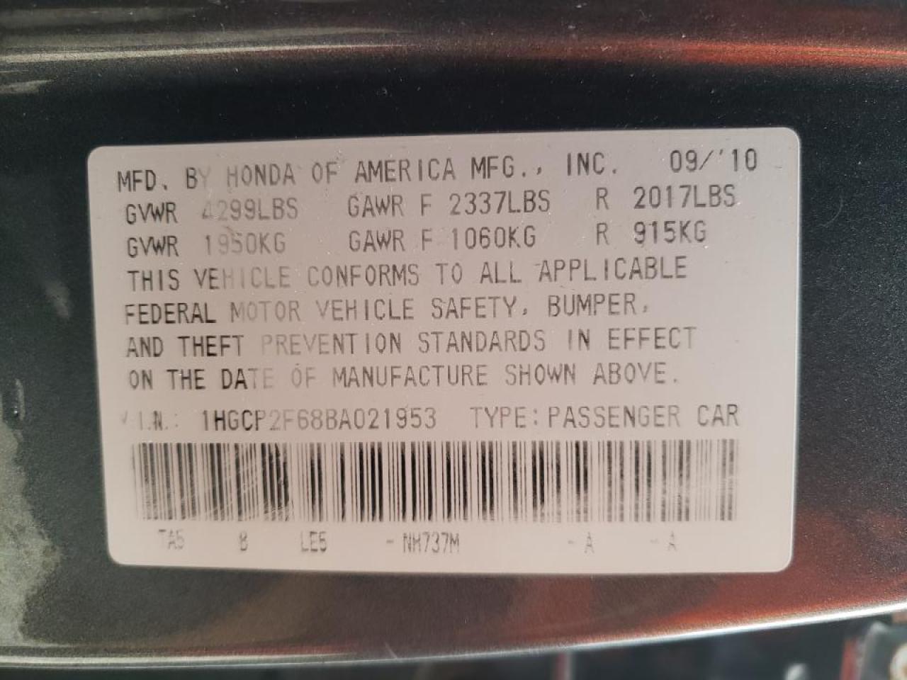 Photo 10 from auction – 2011 HONDA ACCORD SE with VIN 1HGCP2F68BA021953