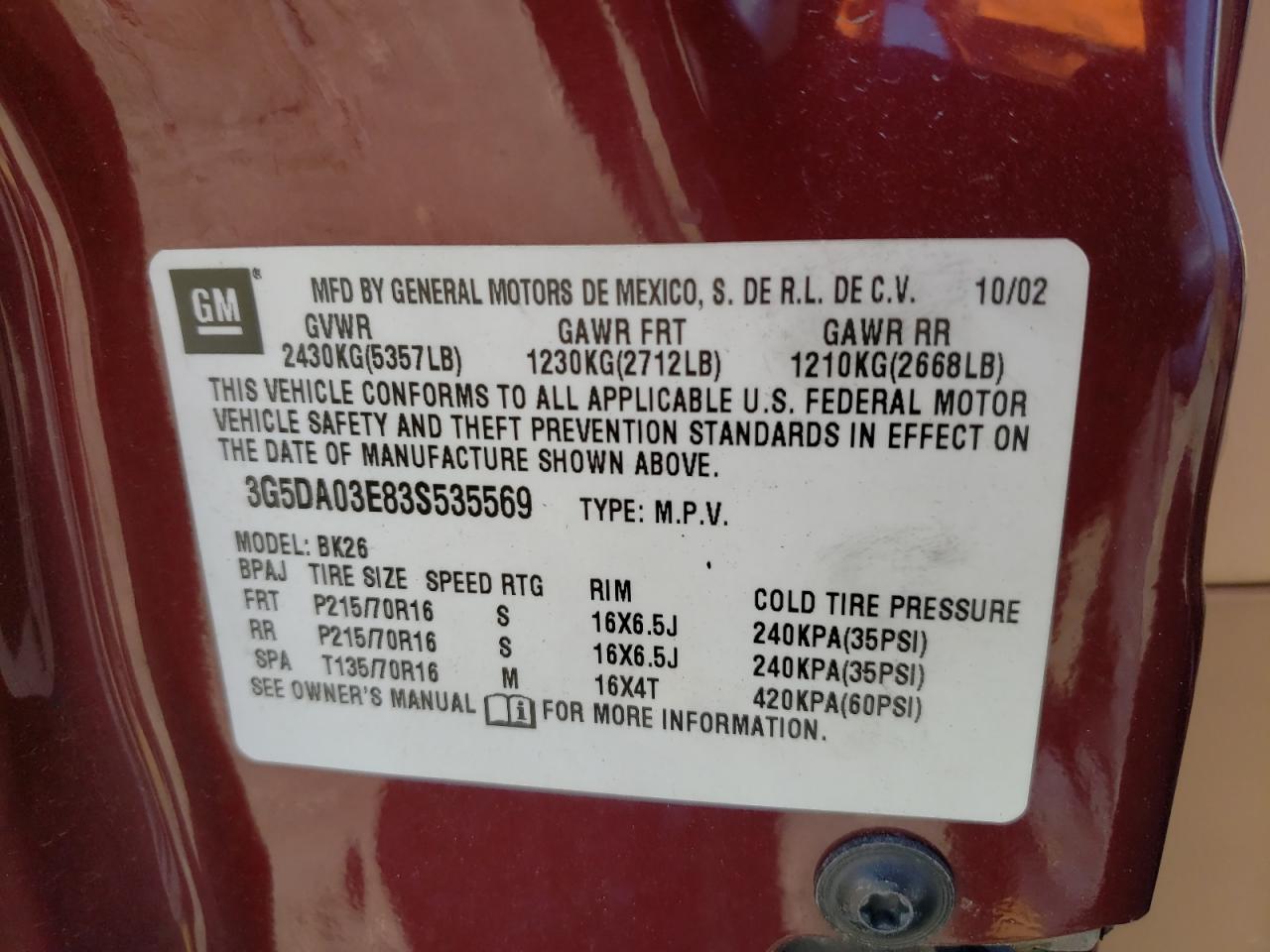 Photo 10 from auction – 2003 BUICK RENDEZVOUS with VIN 3G5DA03E83S535569
