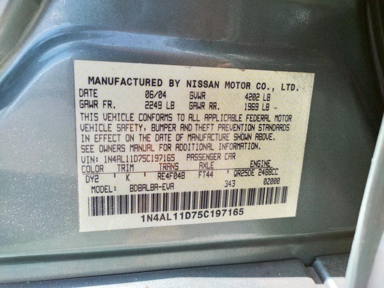 Photo 10 from auction – 2005 NISSAN ALTIMA S with VIN 1N4AL11D75C197165