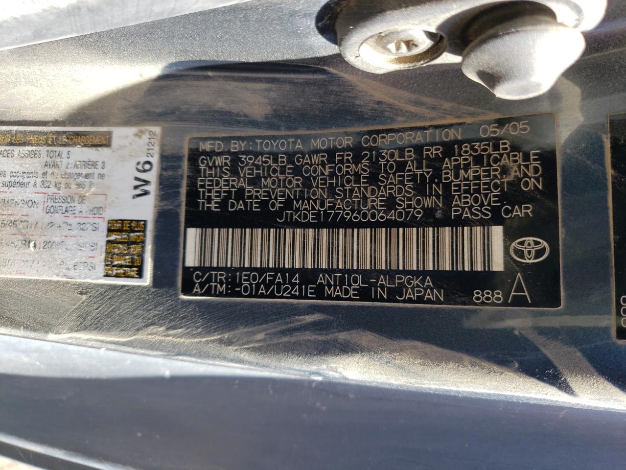 Photo 10 from auction – 2006 TOYOTA SCION TC with VIN JTKDE177960064079