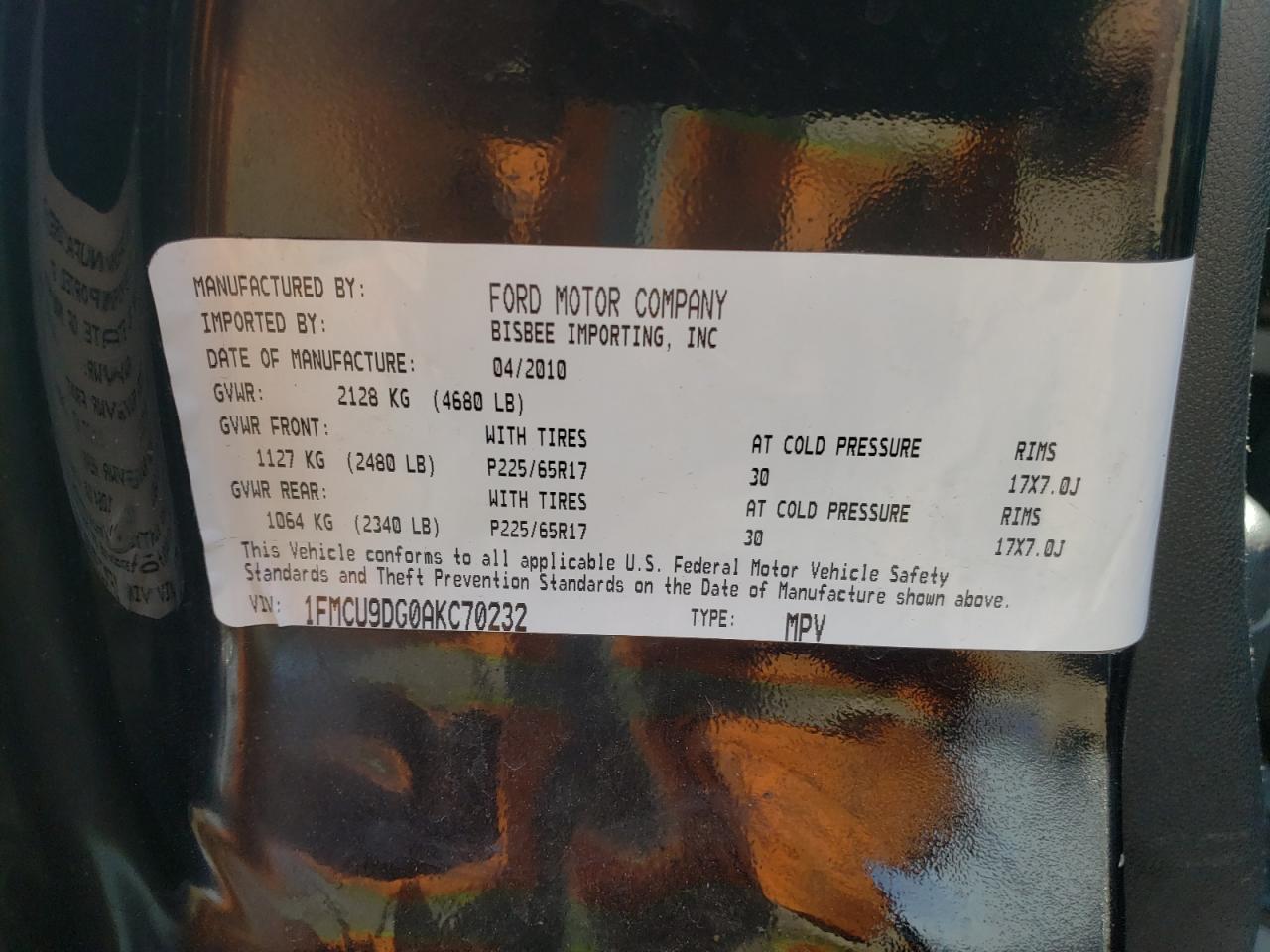 Photo 10 from auction – 2010 FORD ESCAPE with VIN 1FMCU9DG0AKA87770