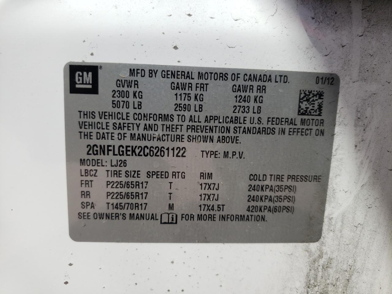 Photo 10 from auction – 2012 CHEVROLET EQUINOX LT with VIN 2GNFLGEK2C6261122