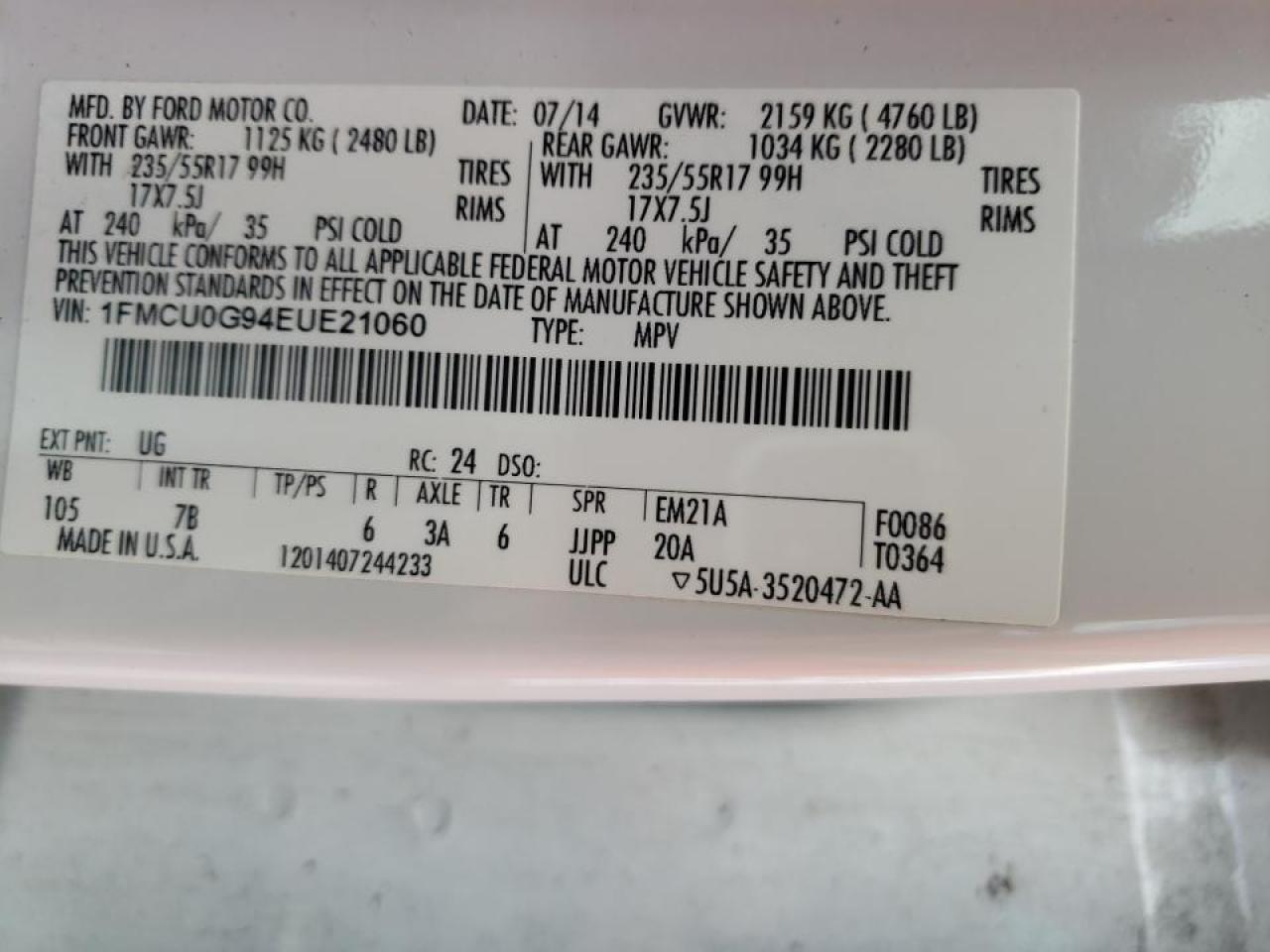 Photo 10 from auction – 2014 FORD ESCAPE SE with VIN 1FMCU0G94EUE21060