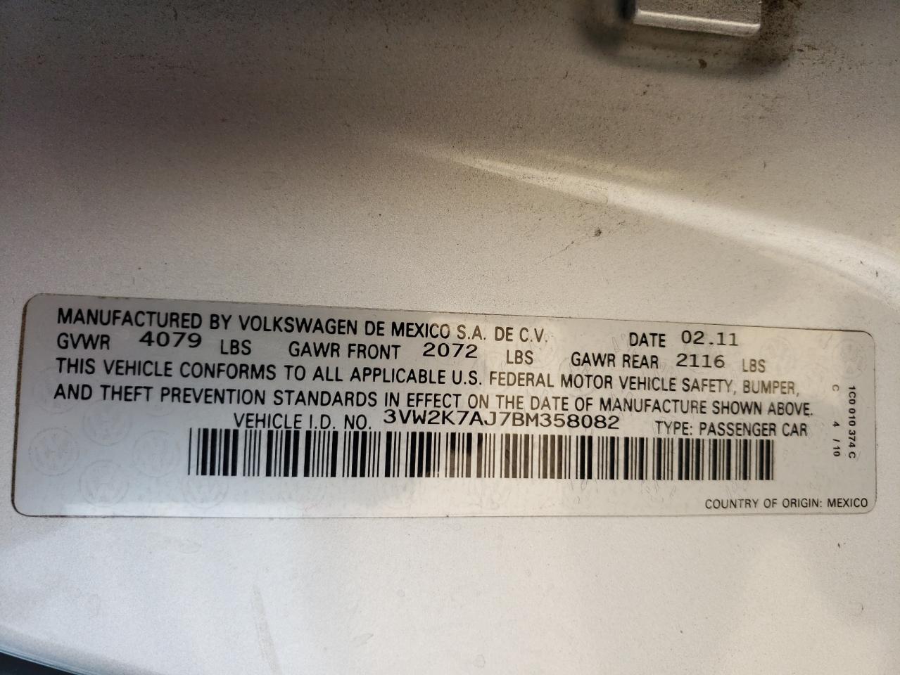 Photo 10 from auction – 2011 VOLKSWAGEN JETTA BASE with VIN 3VW2K7AJ7BM358082