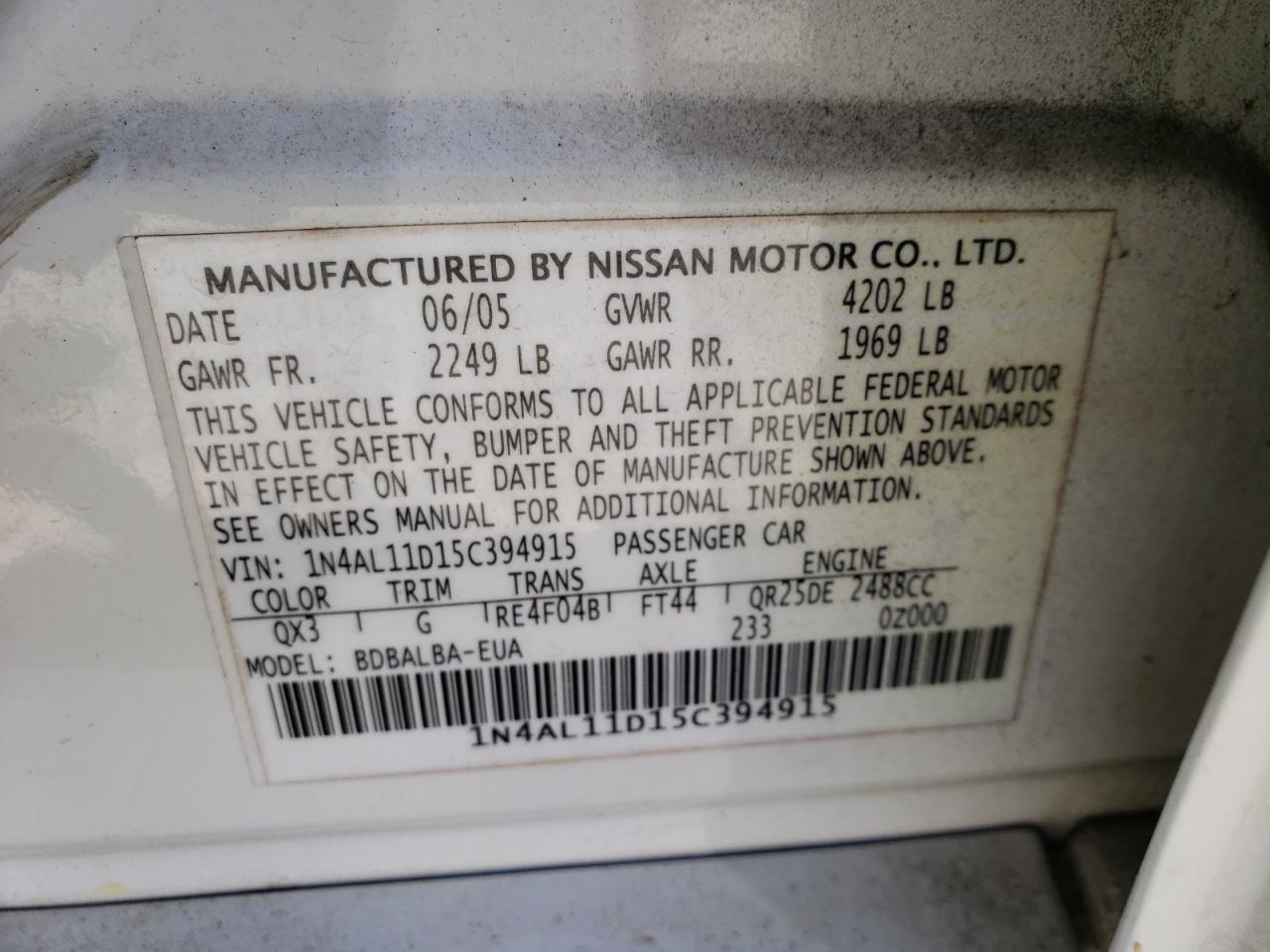 Photo 10 from auction – 2005 NISSAN ALTIMA S with VIN 1N4AL11D15C394915