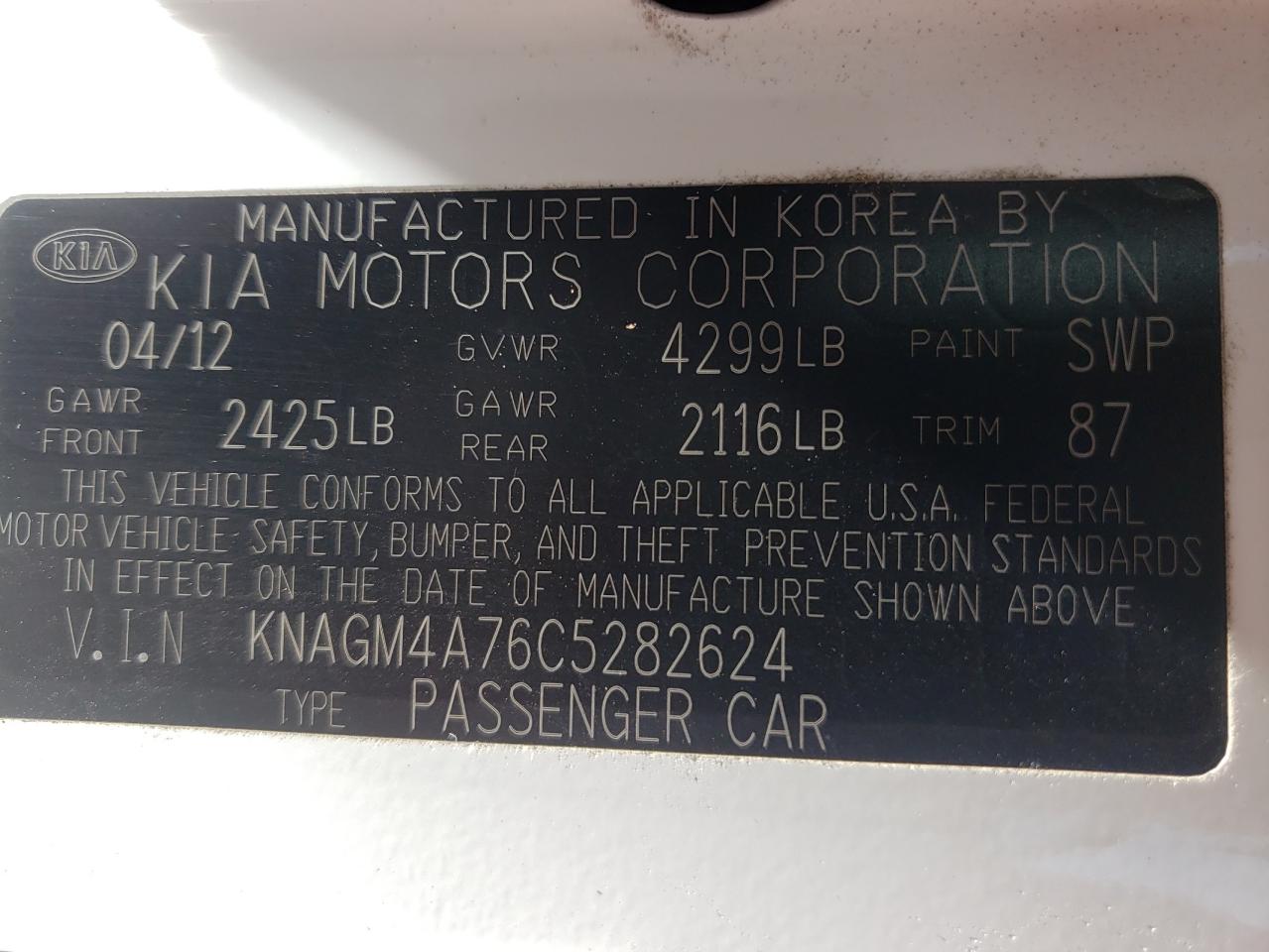 Photo 10 from auction – 2012 KIA OPTIMA LX with VIN KNAGM4A76C5282624