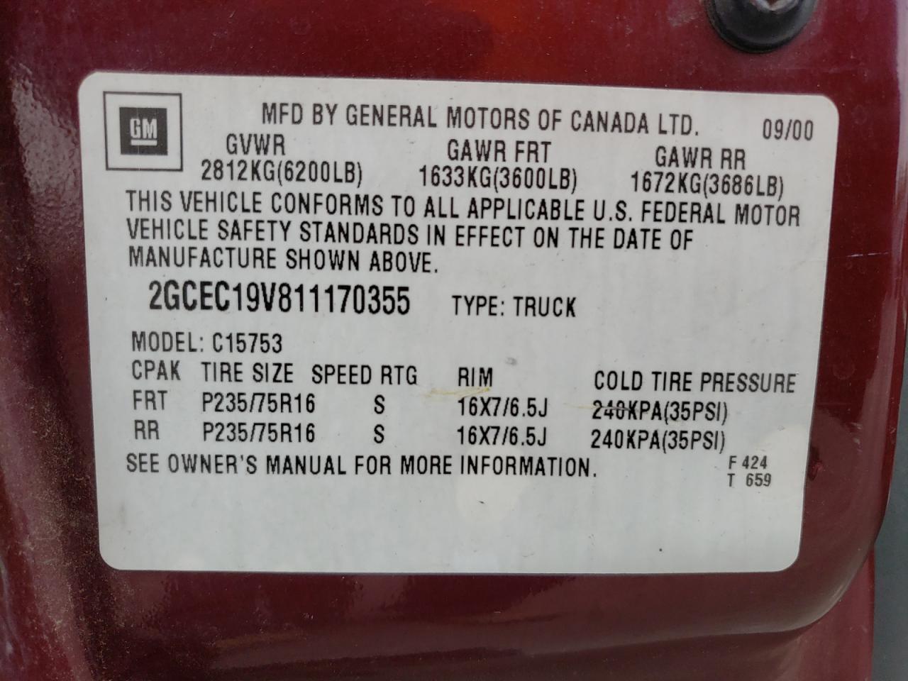 Photo 10 from auction – 2001 CHEVROLET SILVERADO with VIN 2GCEC19V811170355