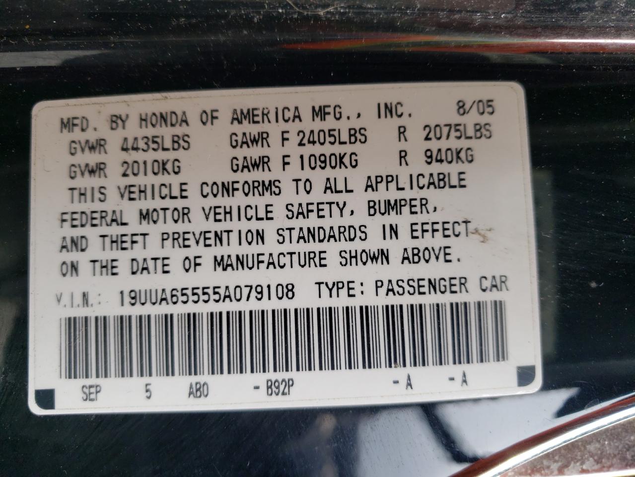 Photo 10 from auction – 2005 ACURA TL with VIN 19UUA65555A079108