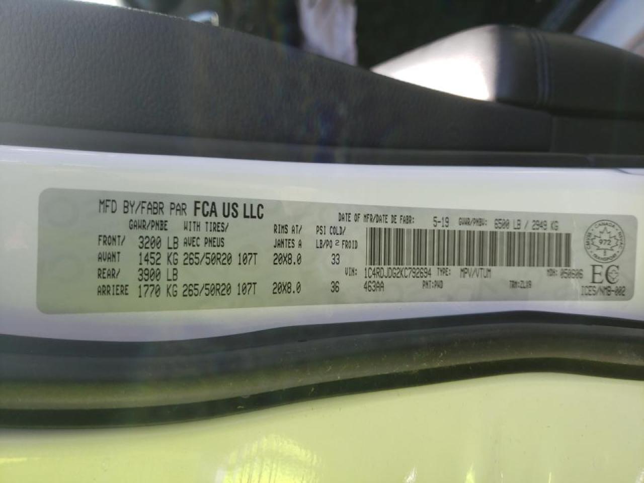 Photo 10 from auction – 2019 DODGE DURANGO GT with VIN 1C4RDJDG2KC792694