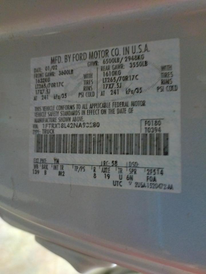Photo 10 from auction – 2002 FORD F150 with VIN 1FTRX18L42NA93280