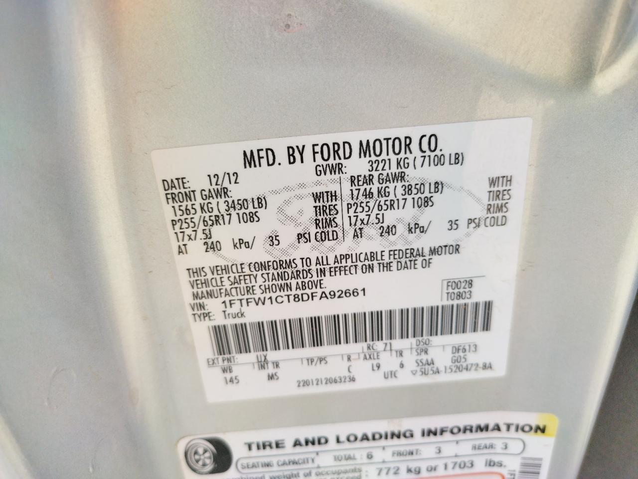 Photo 10 from auction – 2013 FORD F150 SUPER with VIN 1FTFW1CT8DFA92661