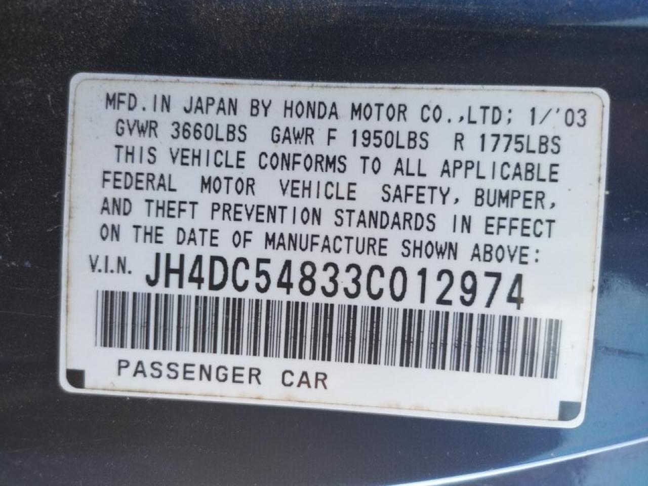 Photo 10 from auction – 2003 ACURA RSX with VIN JH4DC54833C012974