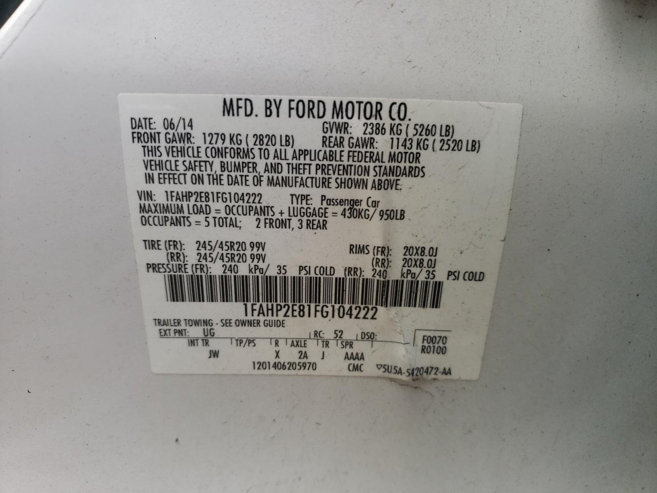 Фото 10 с аукциона – 2015 FORD TAURUS SEL с VIN 1FAHP2E81FG104222