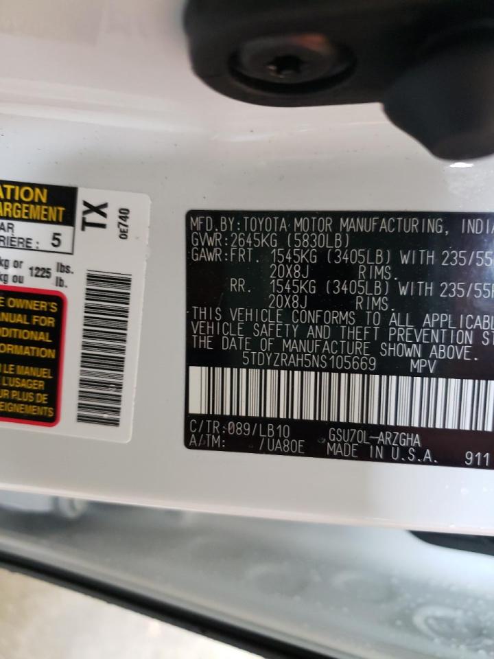Photo 10 from auction – 2022 TOYOTA HIGHLANDER with VIN 5TDYZRAH5NS105669