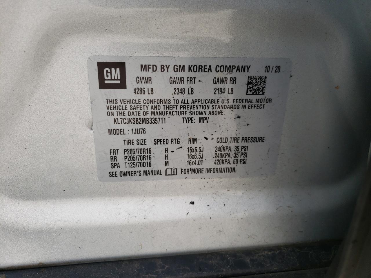 Photo 10 from auction – 2021 CHEVROLET TRAX LS with VIN KL7CJKSB2MB335711