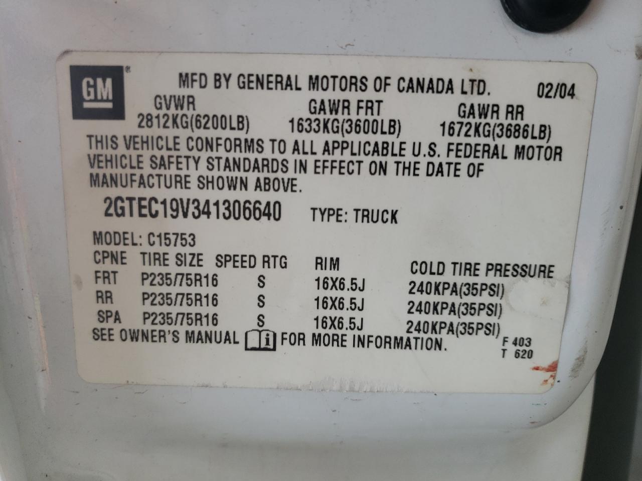 Photo 10 from auction – 2004 GMC NEW SIERRA with VIN 2GTEC19V341306640
