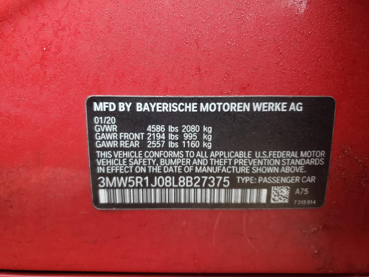 Photo 10 from auction – 2020 BMW 330I with VIN 3MW5R1J08L8B27375