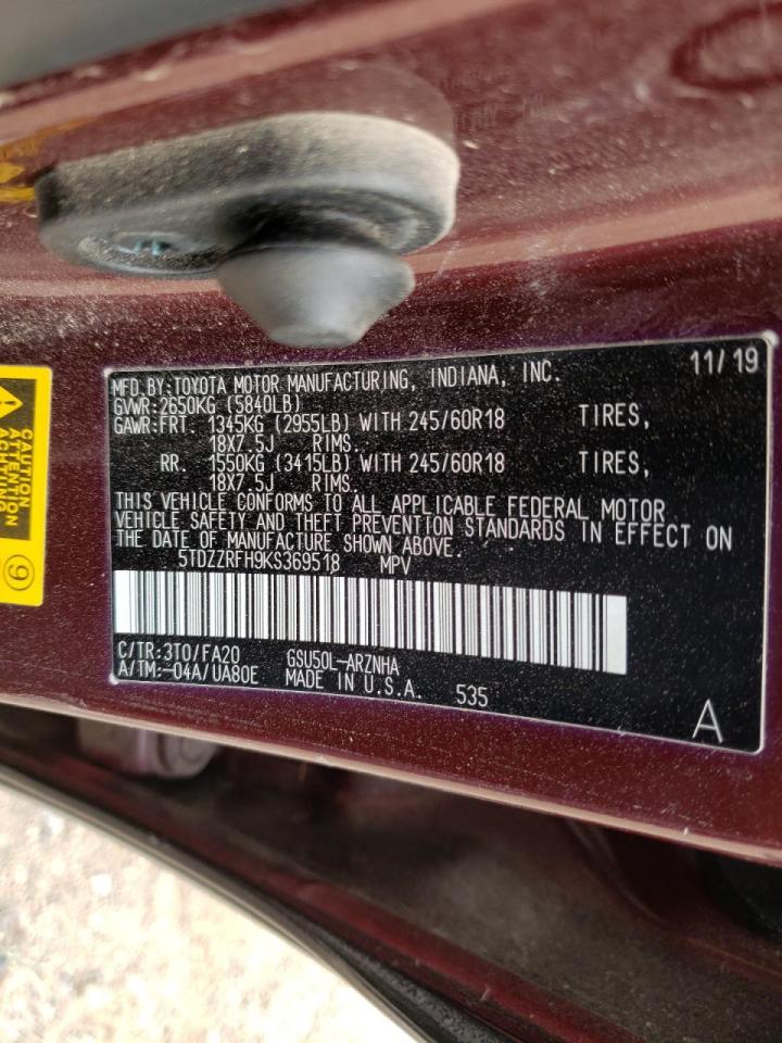 Photo 10 from auction – 2019 TOYOTA HIGHLANDER with VIN 5TDZZRFH9KS369518