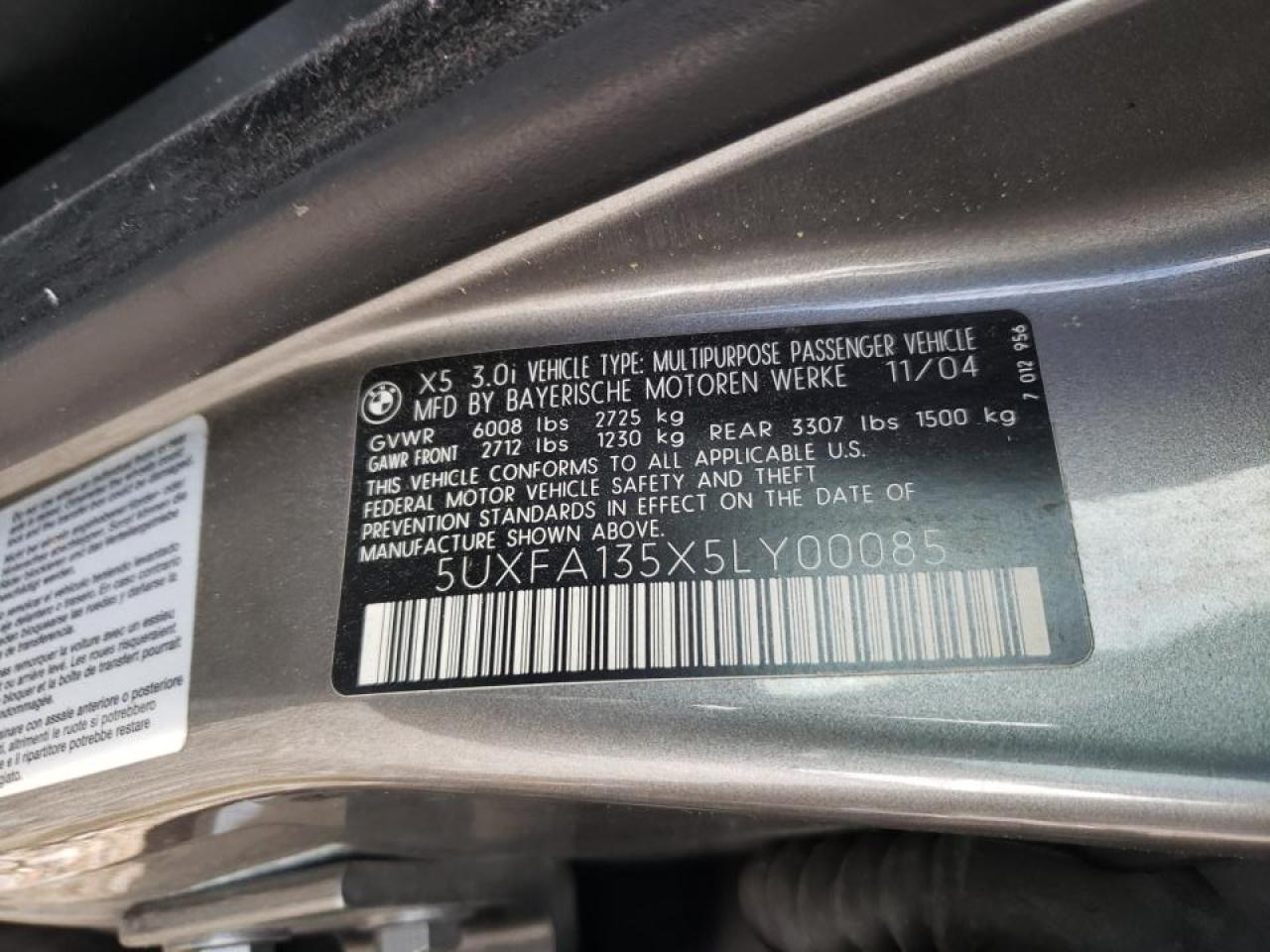 Photo 10 from auction – 2005 BMW X5 3.0I with VIN 5UXFA135X5LY00085