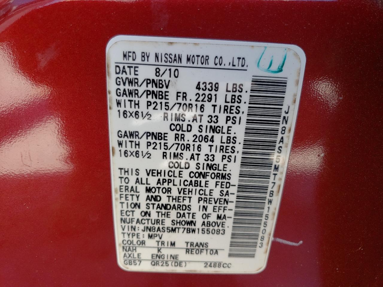 Photo 10 from auction – 2011 NISSAN ROGUE S with VIN JN8AS5MT7BW155083