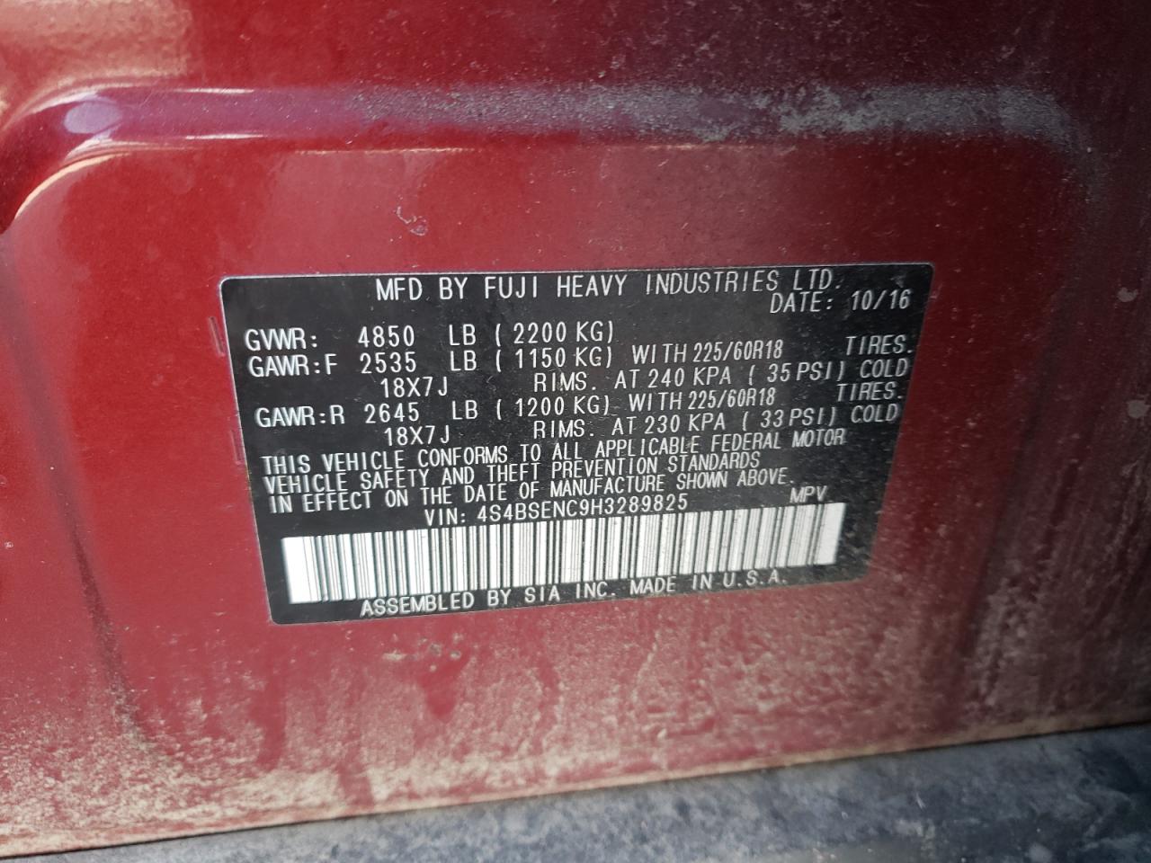 Photo 10 from auction – 2017 SUBARU OUTBACK 3. with VIN 4S4BSENC9H3289825