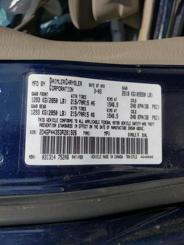 Foto 10 de la subasta – 2003 DODGE GRAND CARA con VIN 2D4GP44353R281926