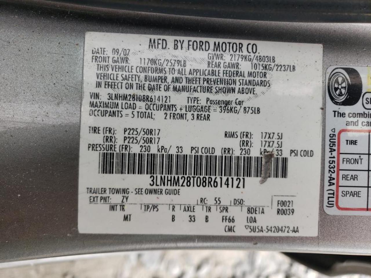 Photo 10 from auction – 2008 LINCOLN MKZ with VIN 3LNHM28T08R614121