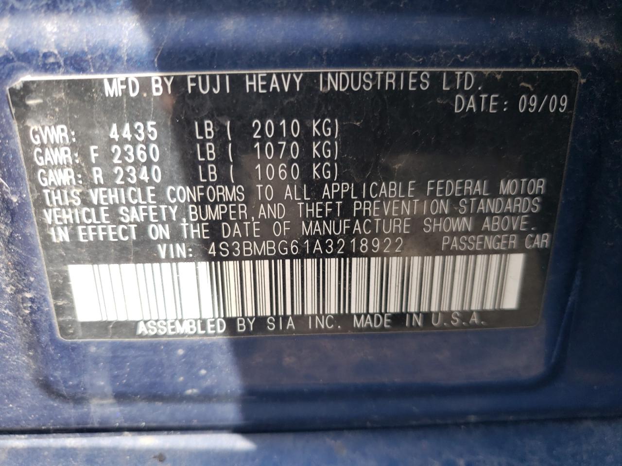 Photo 10 from auction – 2010 SUBARU LEGACY 2.5 with VIN 4S3BMBG61A3218922