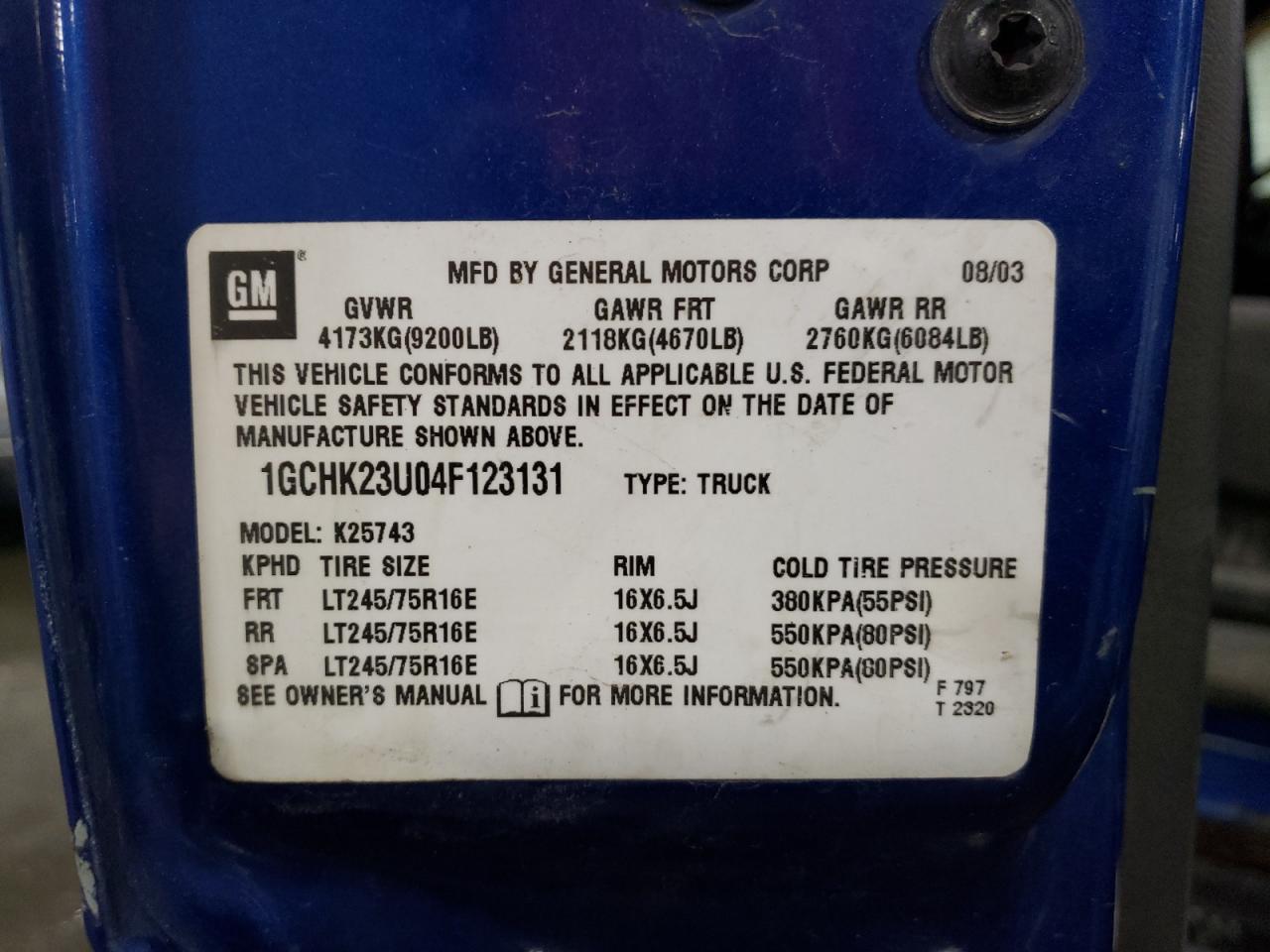 Photo 10 from auction – 2004 CHEVROLET SILVERADO with VIN 1GCHK23U04F123131