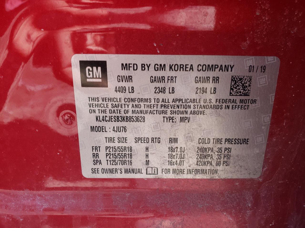 Photo 10 from auction – 2019 BUICK ENCORE PRE with VIN KL4CJESB3KB853628