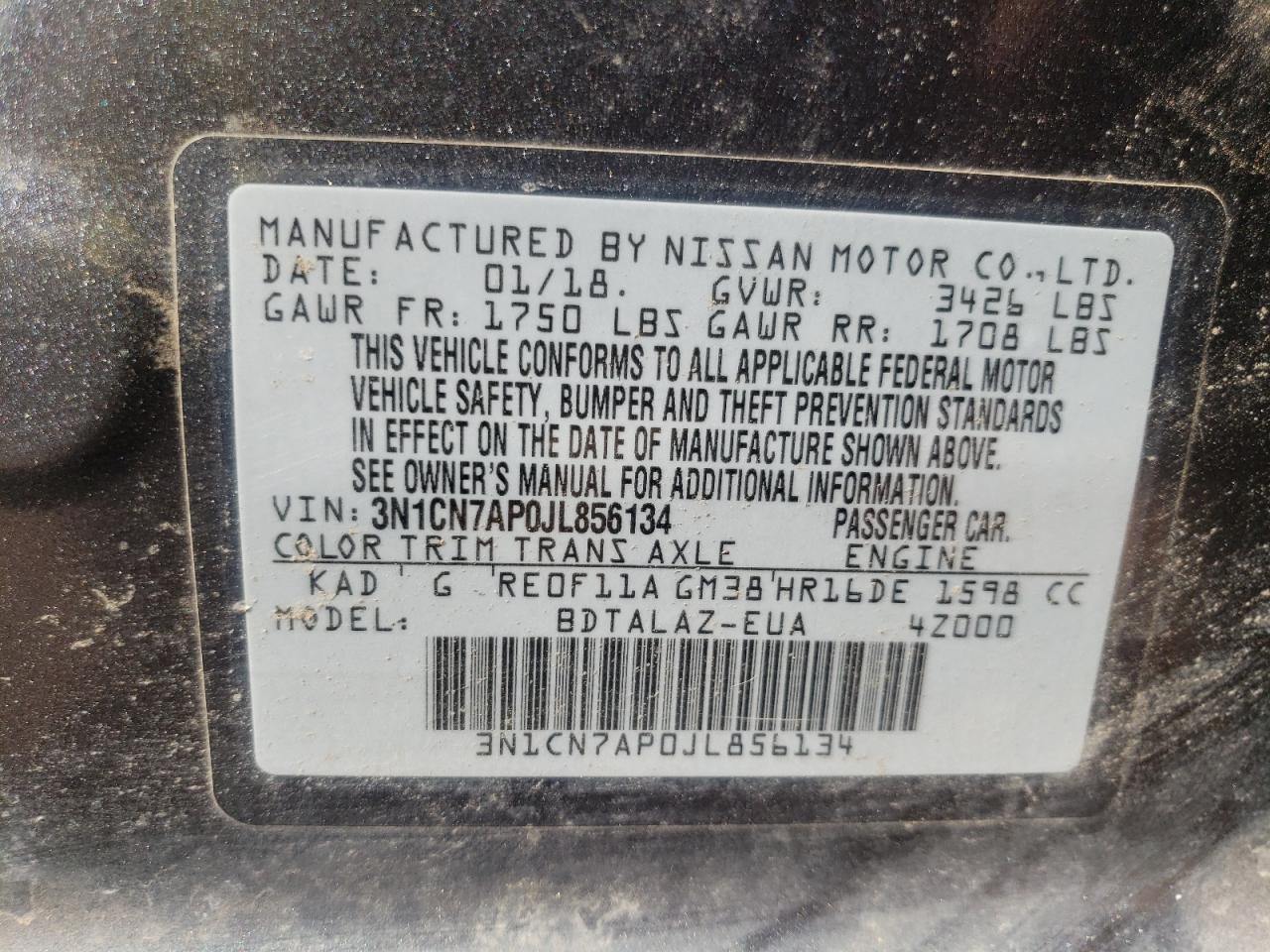 Photo 10 from auction – 2018 NISSAN VERSA S with VIN 3N1CN7AP0JL856134