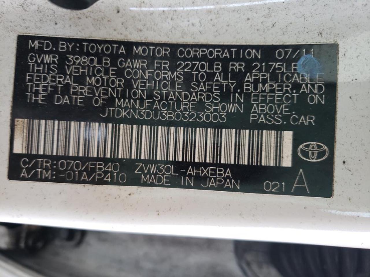 Photo 10 from auction – 2011 TOYOTA PRIUS with VIN JTDKN3DU3B0323003