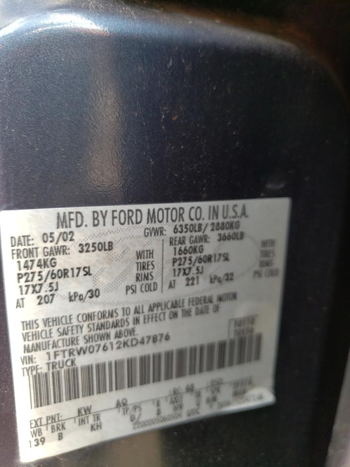 Photo 10 from auction – 2002 FORD F150 with VIN 1FTRW07612KD47876