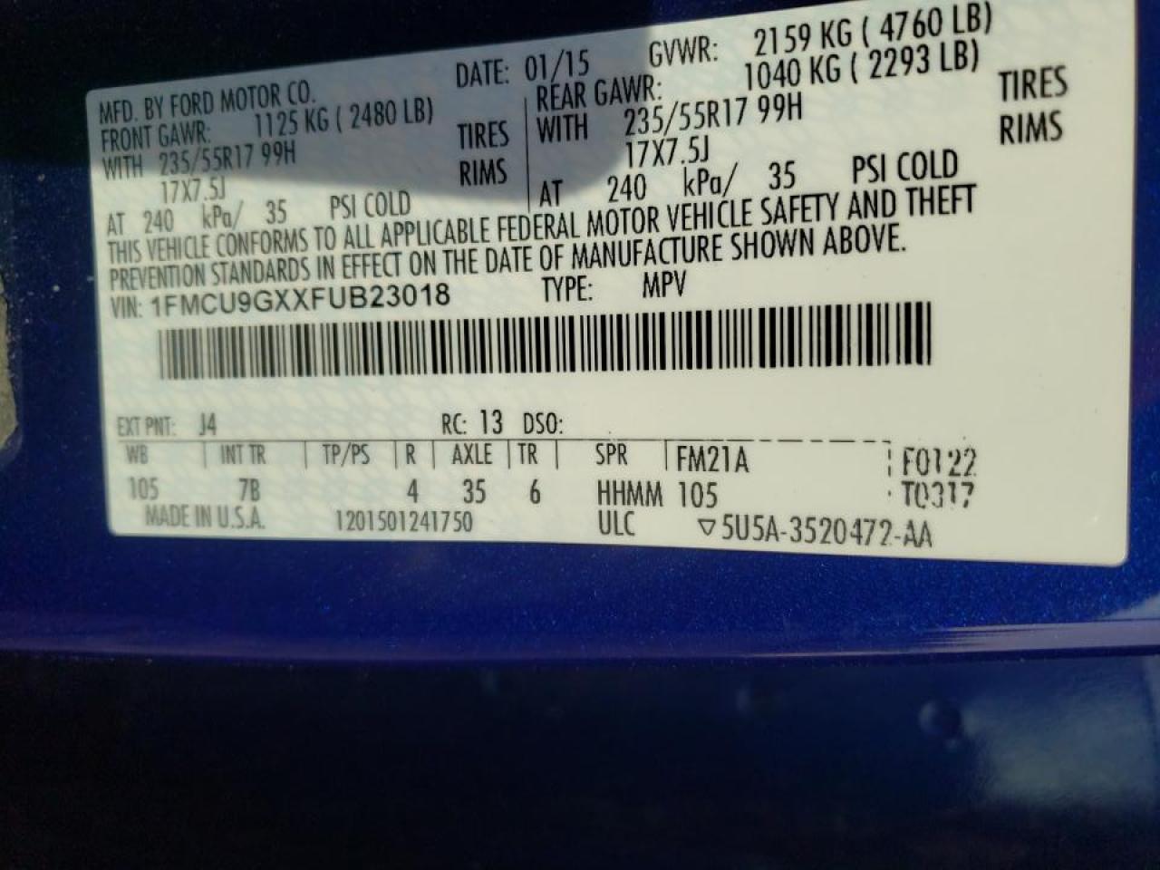 Photo 10 from auction – 2015 FORD ESCAPE SE with VIN 1FMCU9GXXFUB23018