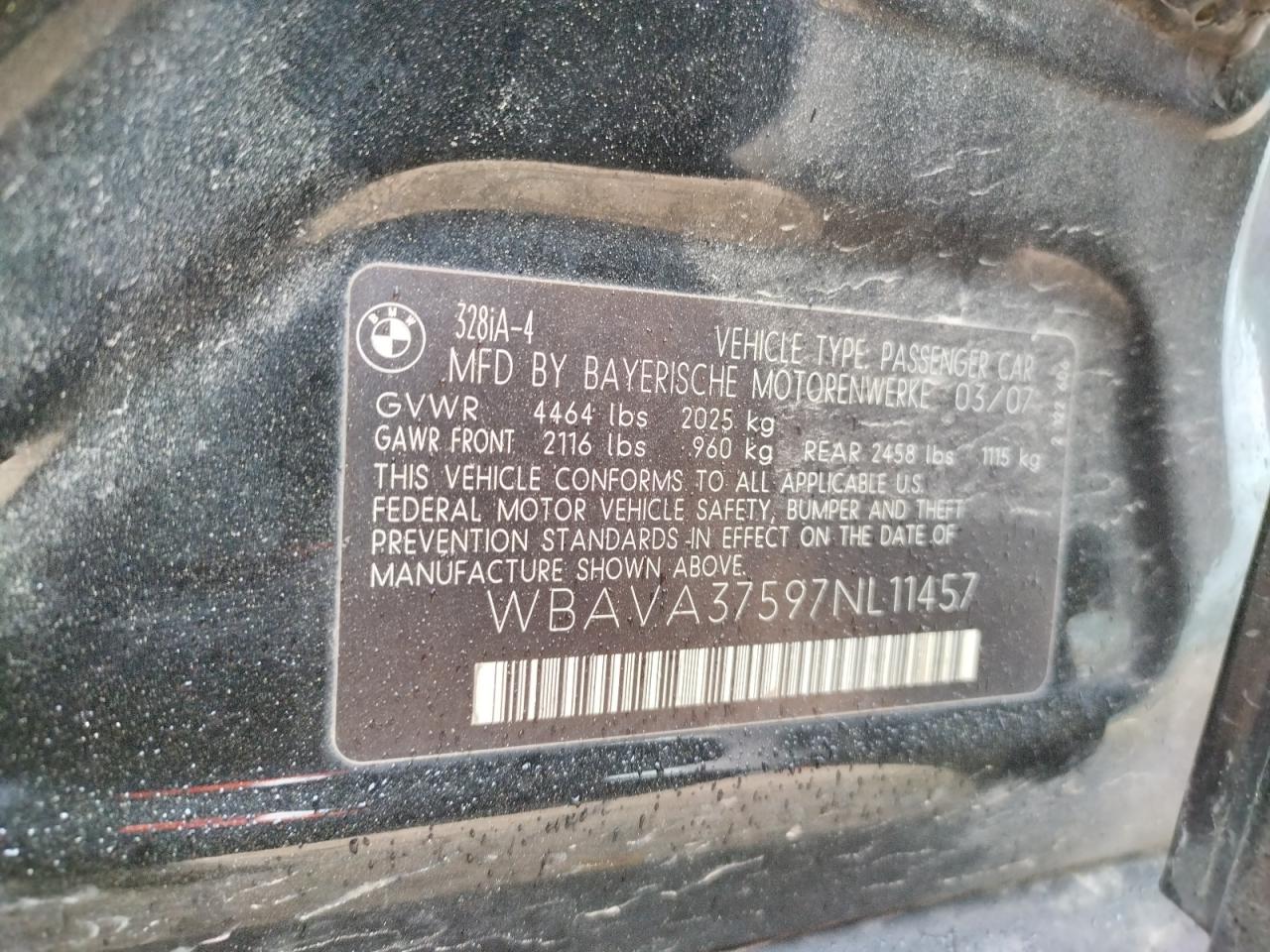 Photo 10 from auction – 2007 BMW 328 I with VIN WBAVA37597NL11457